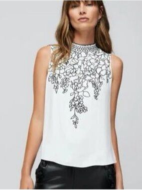 White House Black Markey Sleeveless White Embroidered High-Neck Top